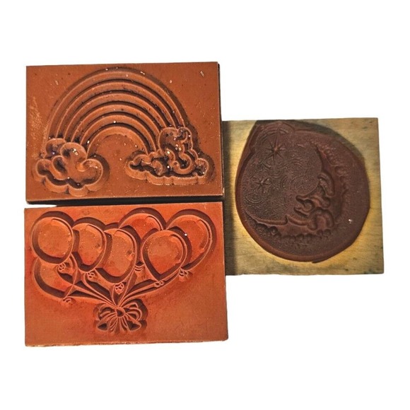 Stamps Balloons Rainbow Clouds Moon Stars Wood Mounted Rubber Vintage 3pc Lot - Picture 2 of 7